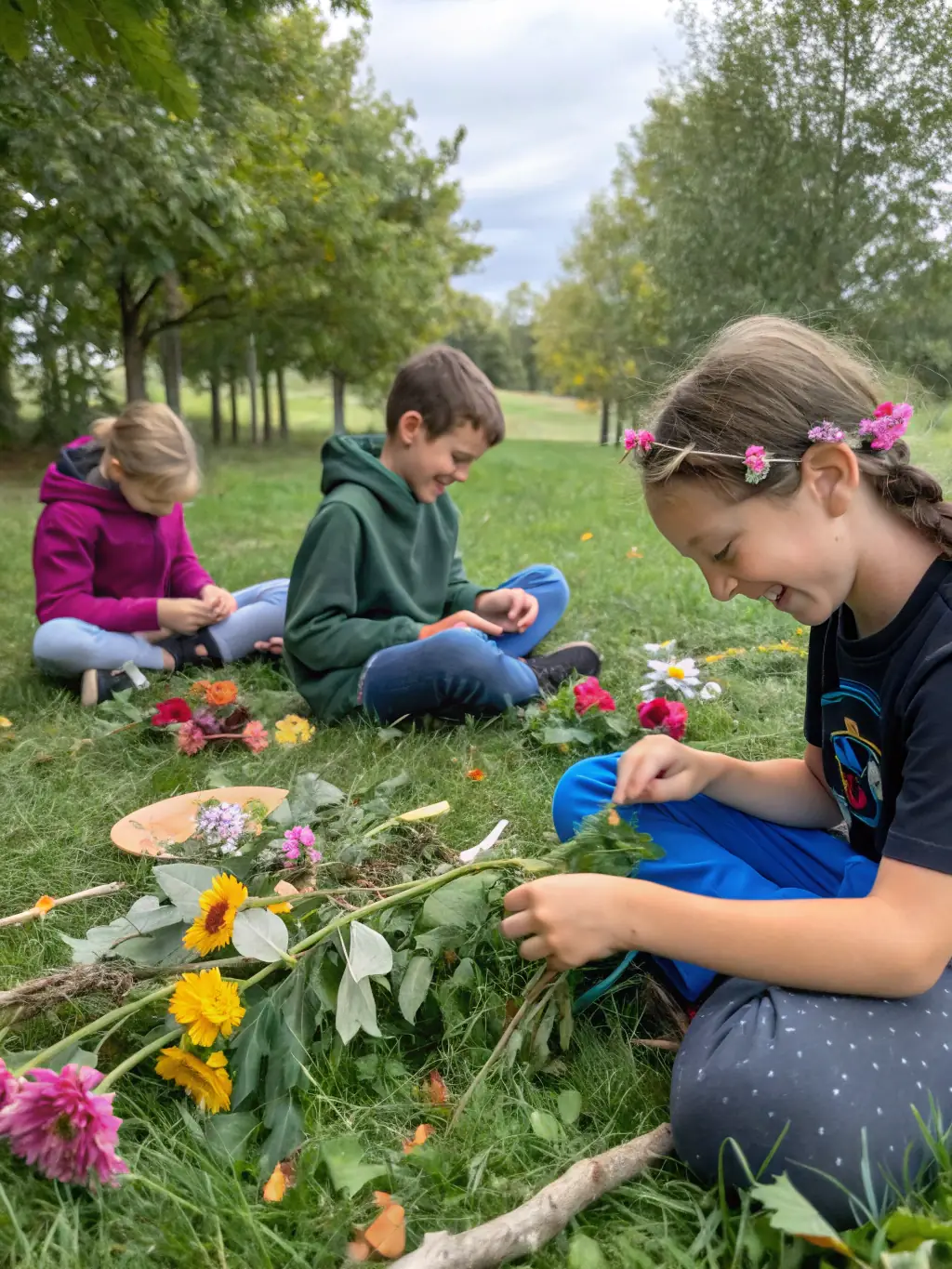 A photograph of children engaging in an art and environmental workshop at BO LE JARDIN IMAGINAIRE, focusing on sustainable practices.