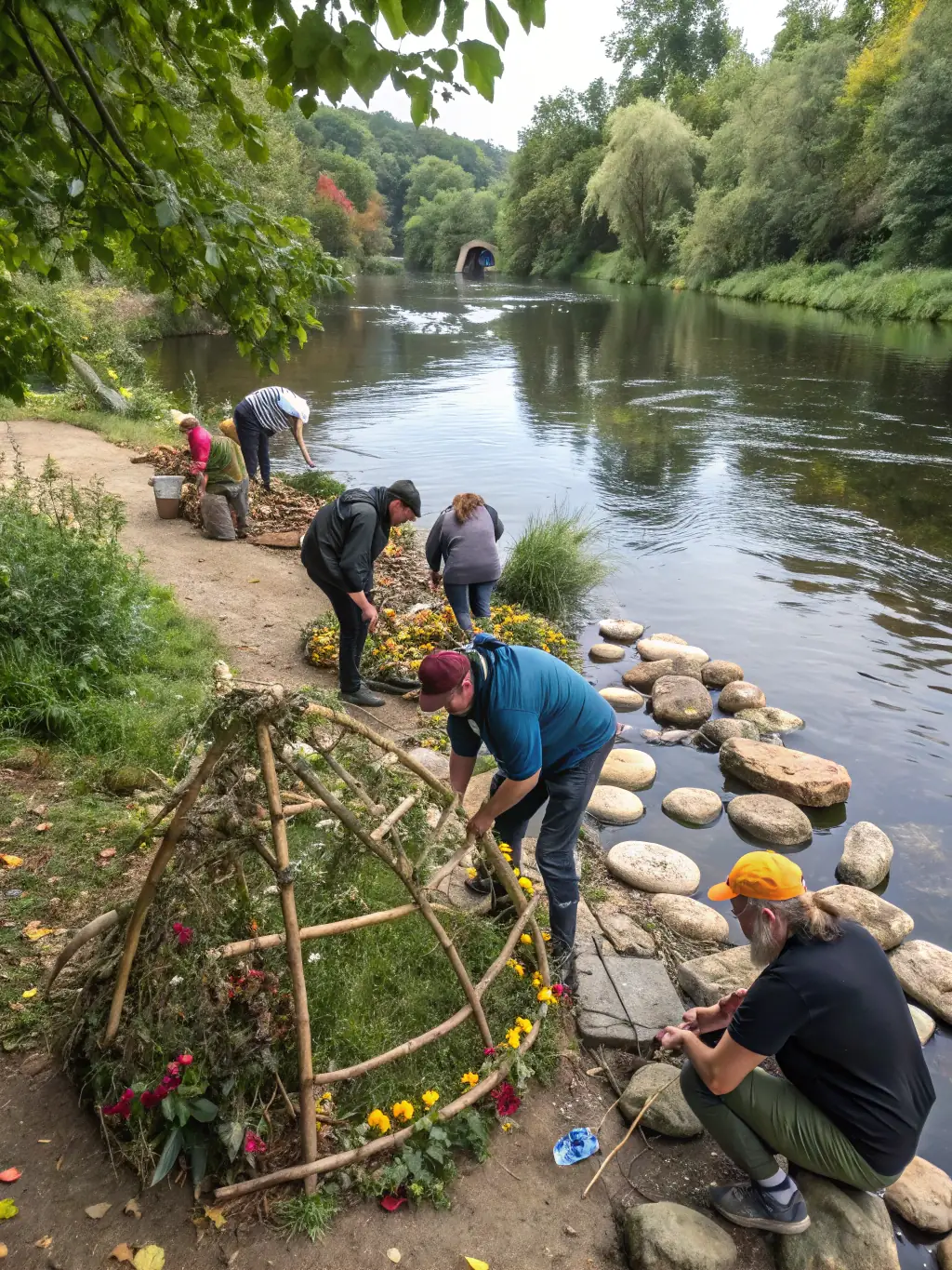 A group of people participating in an outdoor sculpture workshop at BO LE JARDIN IMAGINAIRE, surrounded by art and nature.