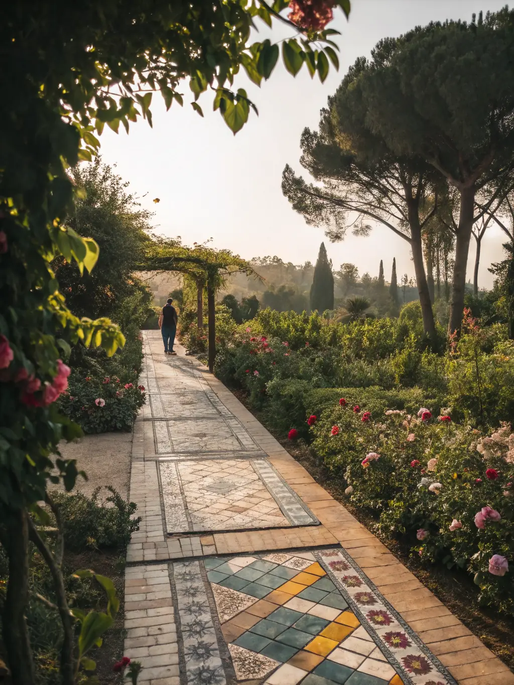A panoramic view of visitors walking along a winding path surrounded by diverse sculptures integrated into lush greenery, showcasing the Sculpture Garden Tours.