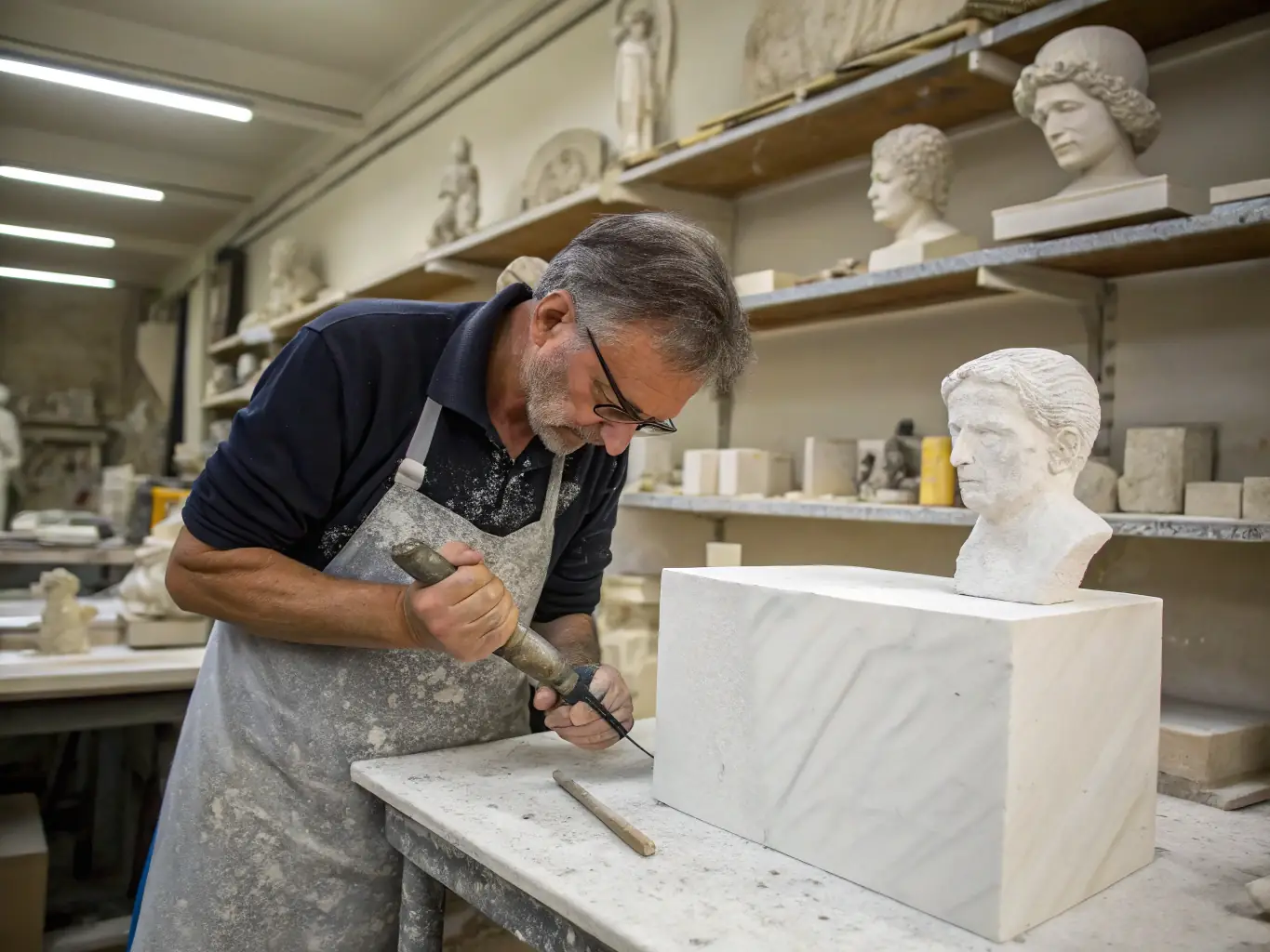 A sculptor working on a piece of art in a garden setting, surrounded by lush greenery and natural light, emphasizing the harmony between art and nature.